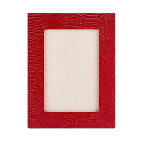 Jubilee Portrait Photograph Frame 6x4 made of red lizard print embossed card with a suede lined back.